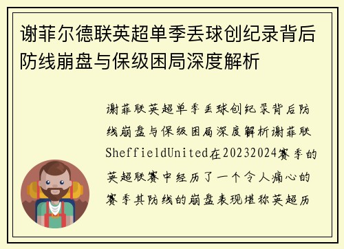 谢菲尔德联英超单季丢球创纪录背后防线崩盘与保级困局深度解析